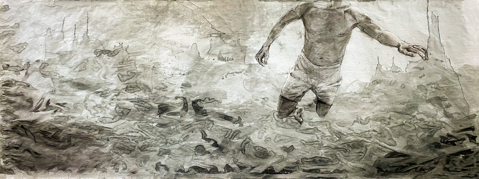 Treading water, dreading warfare: a long panoramic mixed media drawing of figures in water